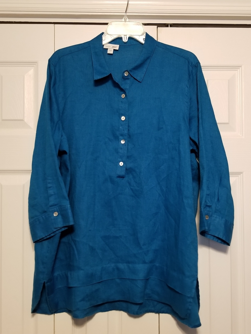 J. Jill 100% Linen 1/4 Button 3/4 Sleeve Collar Country Club Coastal Tunic Top